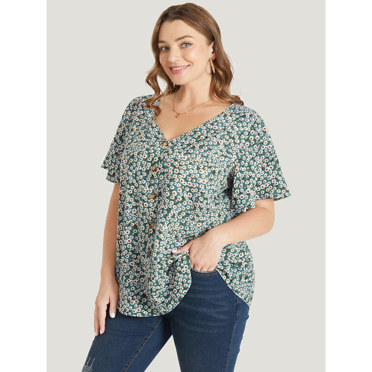 Plus Size Mint Daisy Floral Button Detail Ruffle Sleeve Blouse Women Elegant Short sleeve V-neck Dailywear Blouses BloomChic 18-20/2X Product Image
