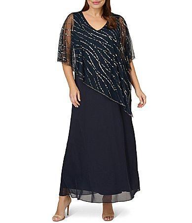 Adrianna Papell Plus Sequin Cape Overlay Gown Product Image
