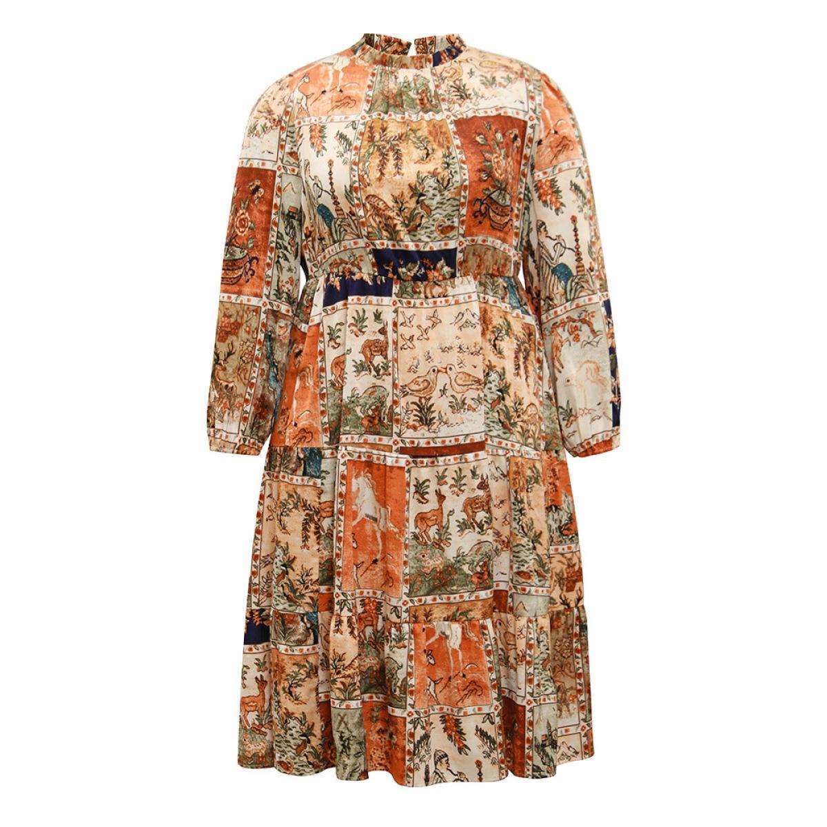 Plus Size Boho Print Stand Collar Pleated Lantern Sleeve Dress Chocolate Women Vacation Elastic cuffs Stand-up collar Long Sleeve Curvy Midi Dress BloomChic 28/5X Product Image