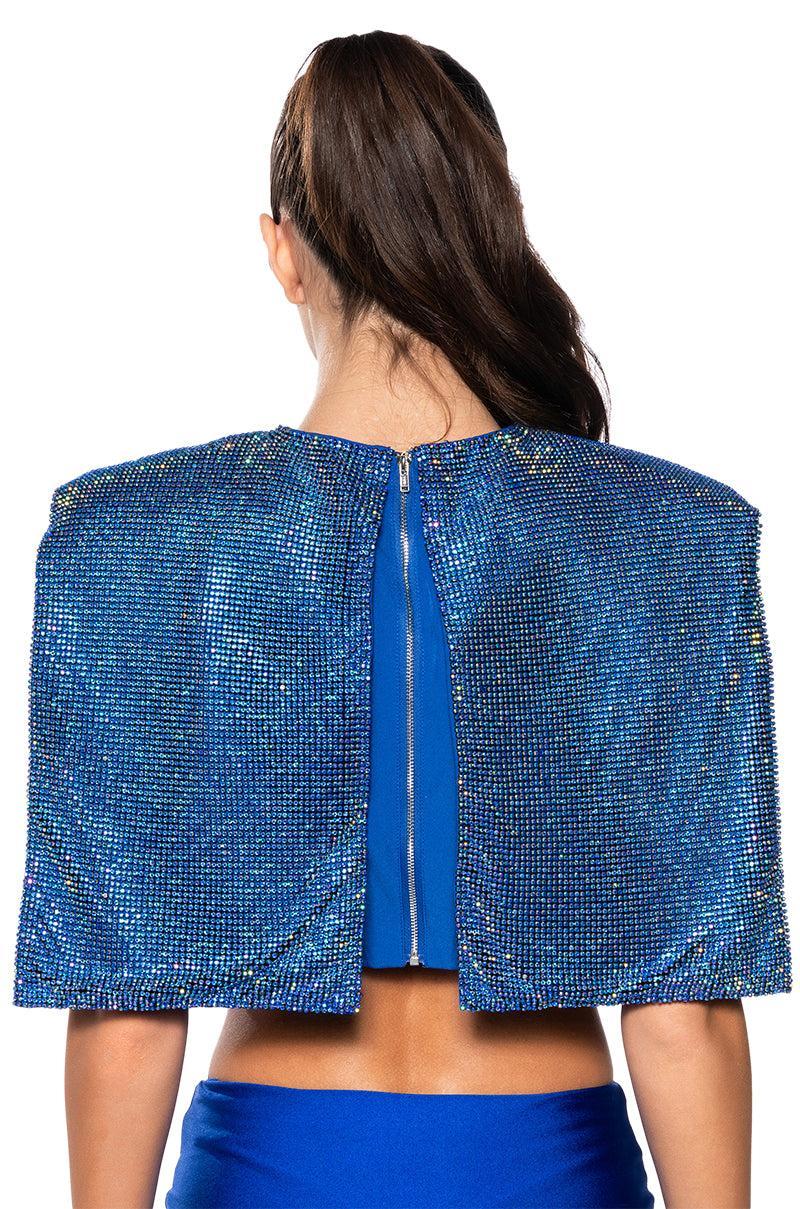 DISCO BABE SLEEVELESS RHINESTONE CROP TOP IN BLUE Product Image