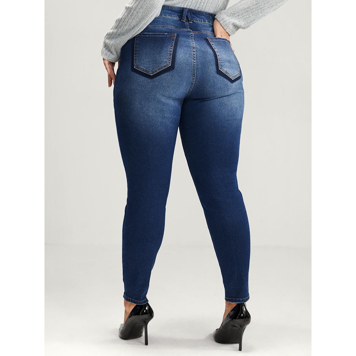 Plus Size Mom Jeans Straight Very Stretchy High Rise Medium Wash Contrast Jeans Women DarkBlue Casual Plain High stretch Slanted pocket Jeans BloomChic 20/2X Product Image