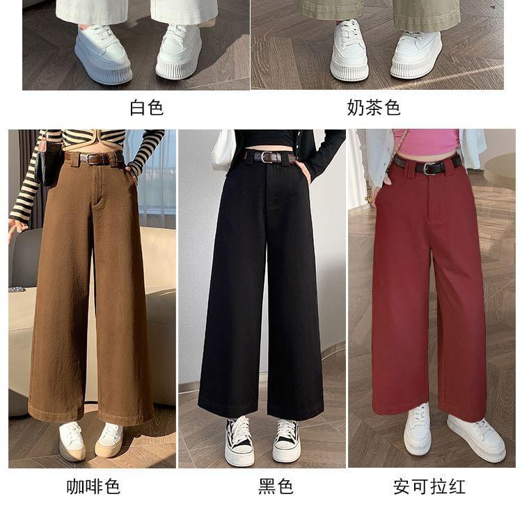 Set: High Waist Plain Cropped Wide Leg Jeans + Belt Product Image