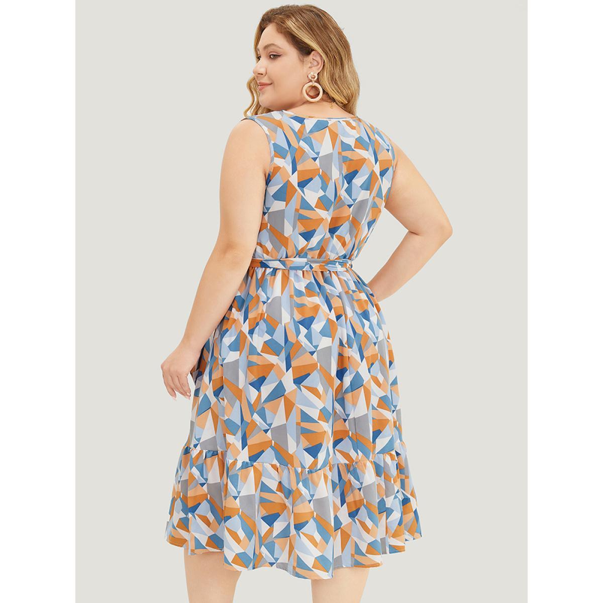 Plus Size Geometric Belt Ruffle Hem Pocket Button Detail Tank Dress Multicolor Women Elegant Contrast Round Neck Sleeveless Curvy Knee Dress BloomChic 18-20/2X Product Image