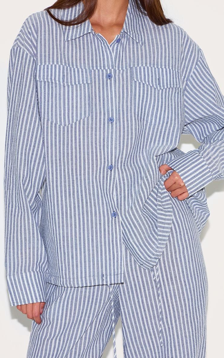Blue Striped Linen Drawstring Wide Leg Pants Product Image