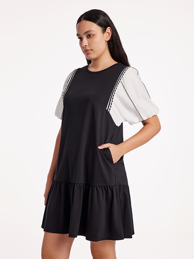 A-Shape Patchwork Puff Sleeve Mini Dress Product Image