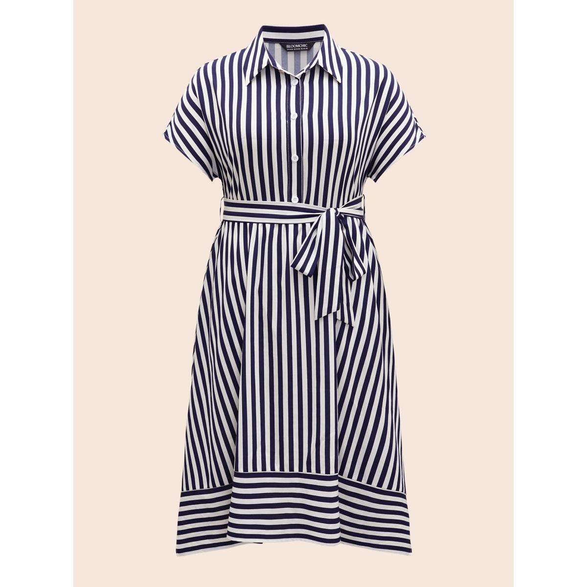 Plus Size Shirt Collar Striped Hanky Hem Dress Skyblue Women Workwear Essentials Belted Shirt collar Short sleeve Curvy BloomChic 26/4X Product Image