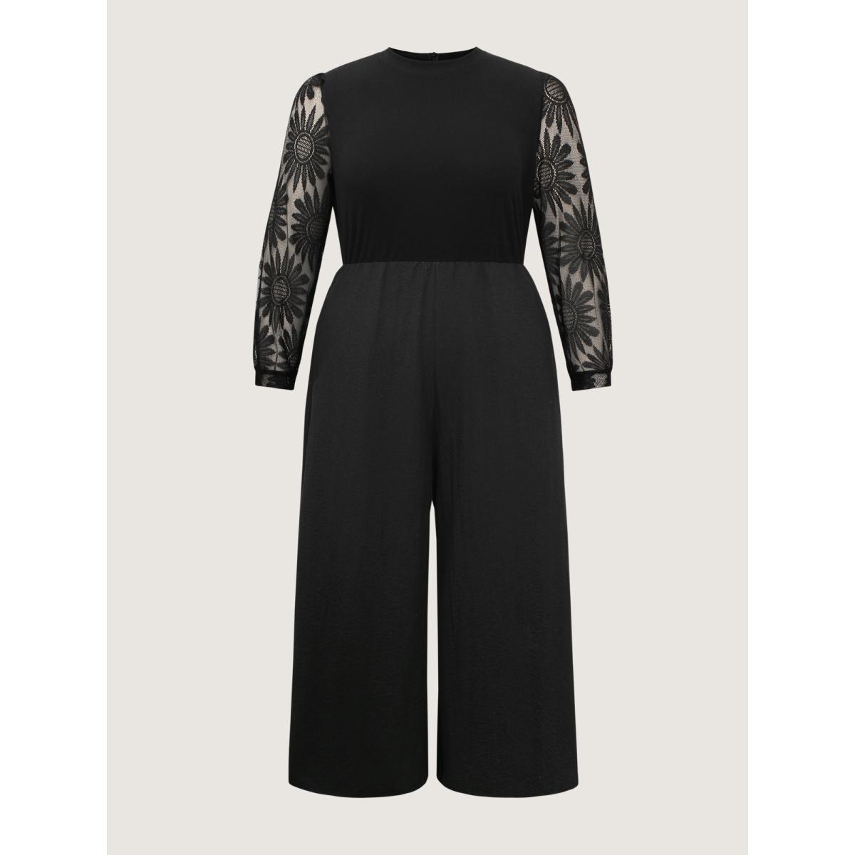 Plus Size Black Crochet Lace Mesh Mock Neck Jumpsuit Women Elegant Long Sleeve Mock Neck Everyday Loose Jumpsuits BloomChic 30/6X Product Image