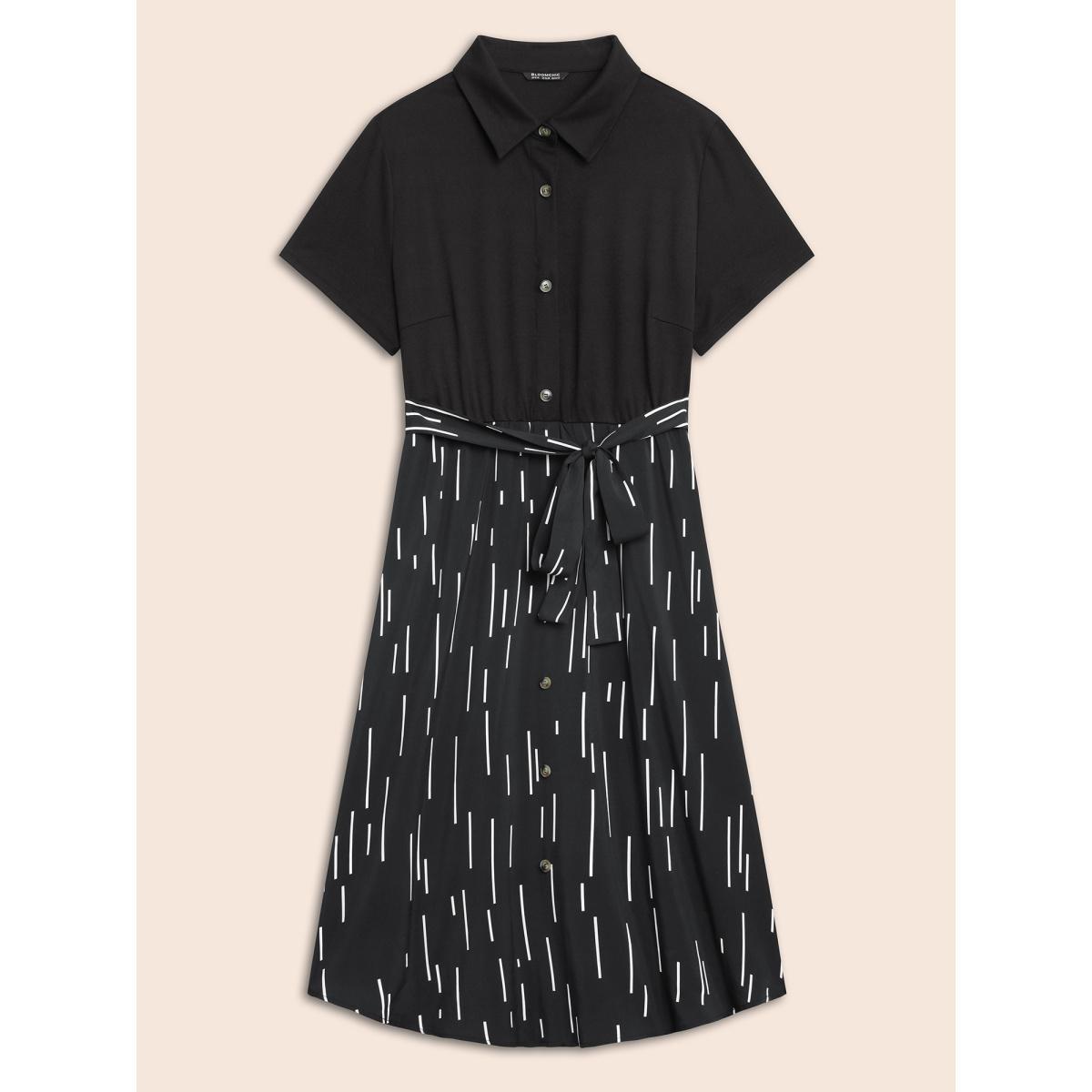 Plus Size Striped Patchwork Button Detail Belted Dress Black Women Workwear Essentials Belted Shirt collar Short sleeve Curvy BloomChic 10/M Product Image