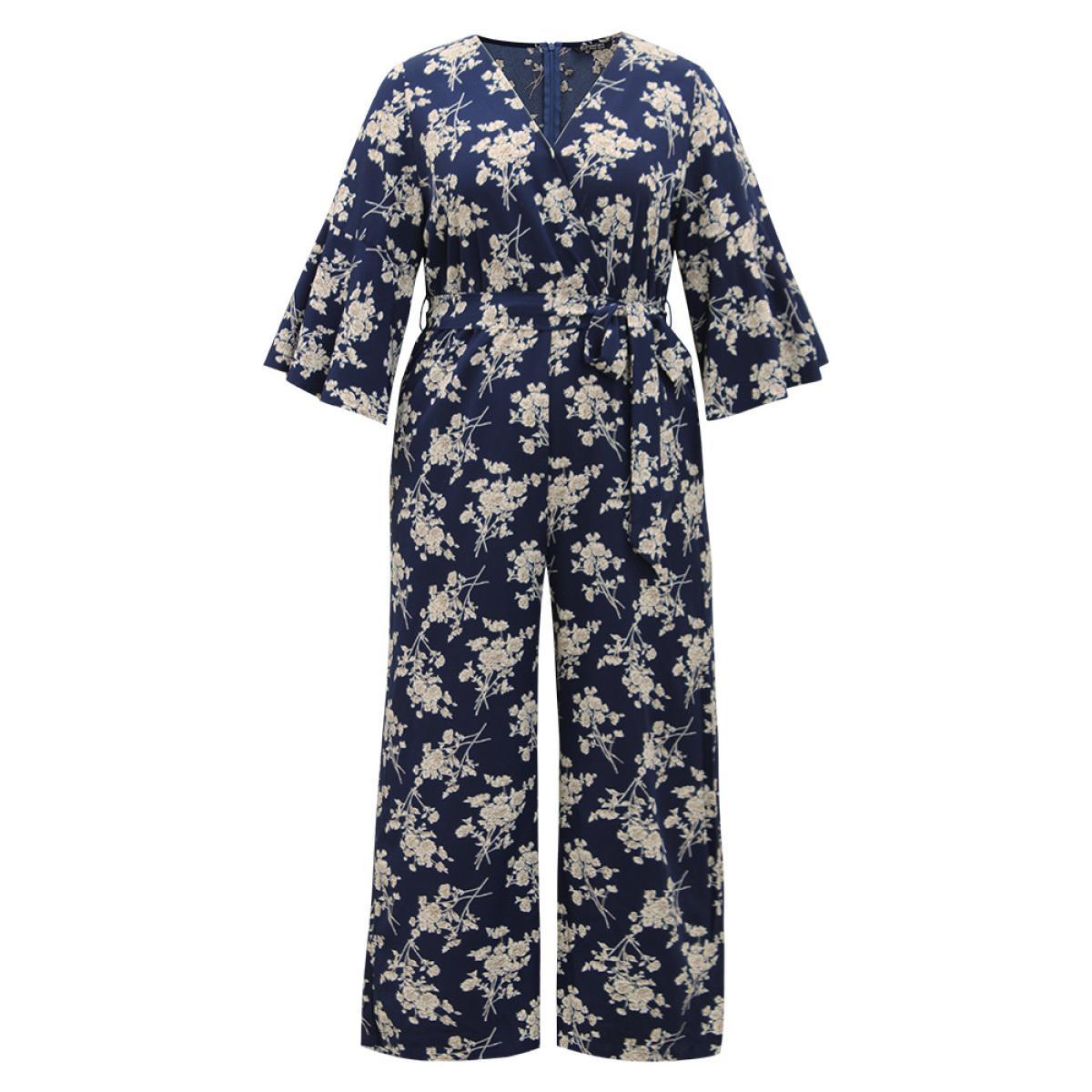 Plus Size DarkBlue Floral Print Bell Sleeve Pocket Belted Jumpsuit Women Elegant Elbow-length sleeve V-neck Dailywear Loose Jumpsuits BloomChic 18-20/2X Product Image
