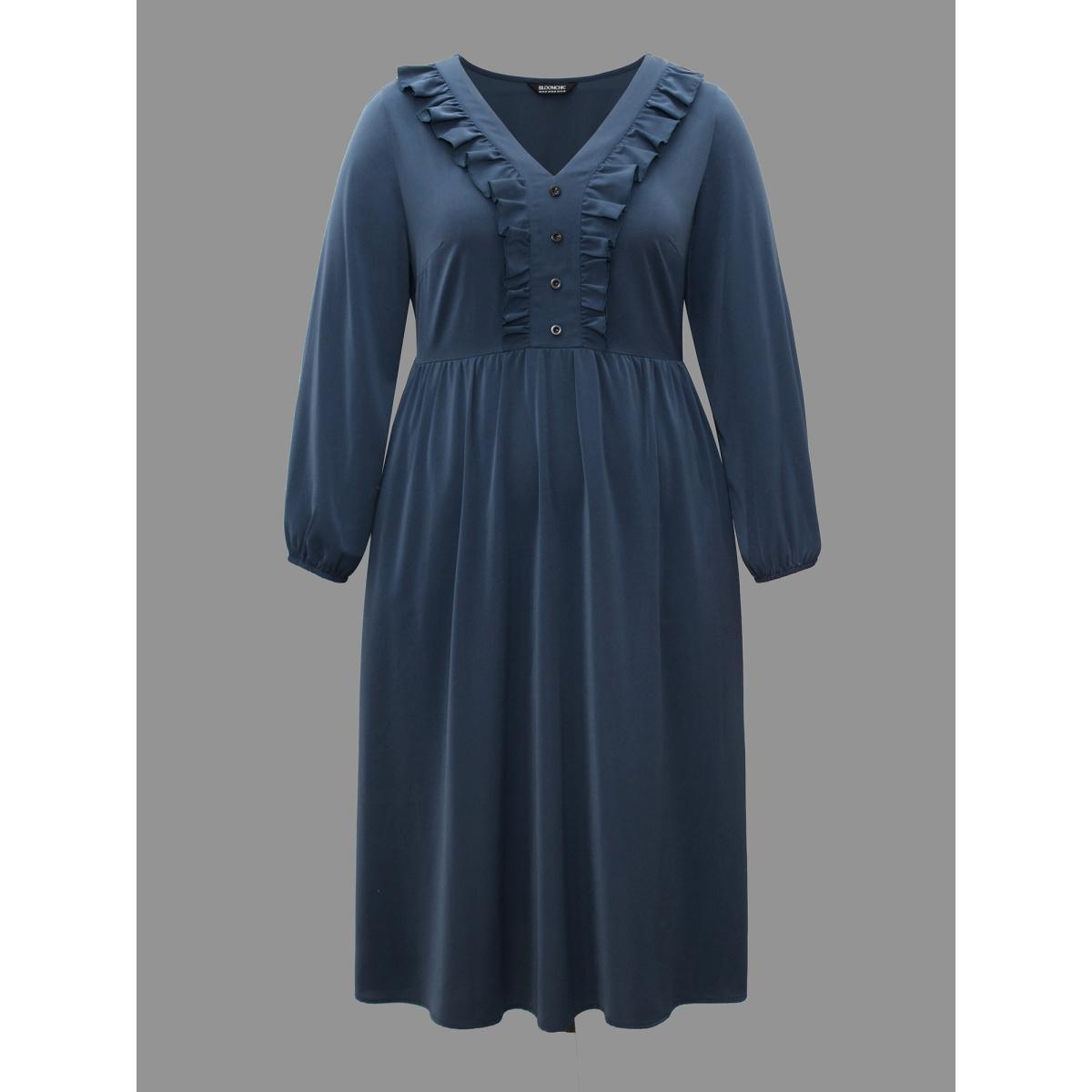 Plus Size Solid Ruffle Trim Elastic Waist Midi Dress DarkSlateGray Women Elegant Frill Trim V-neck Long Sleeve Curvy BloomChic 22-24/3X Product Image