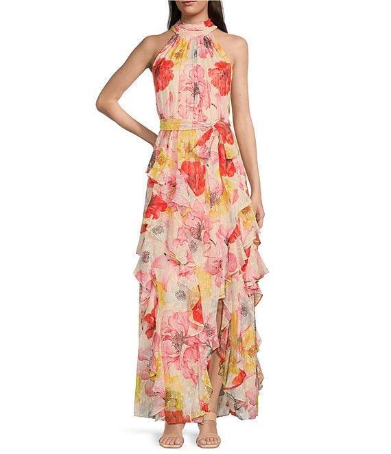 Alex Marie Nina Floral Chiffon Halter Neck Sleeveless Tiered A-Line Dress Product Image