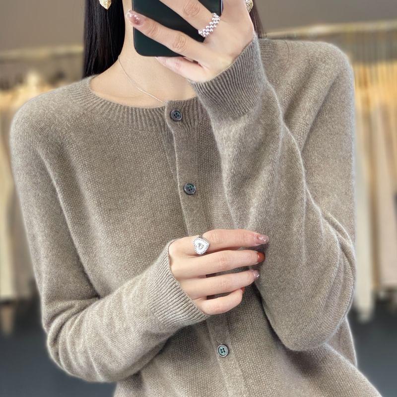 Round Neck Plain Button Cardigan Product Image
