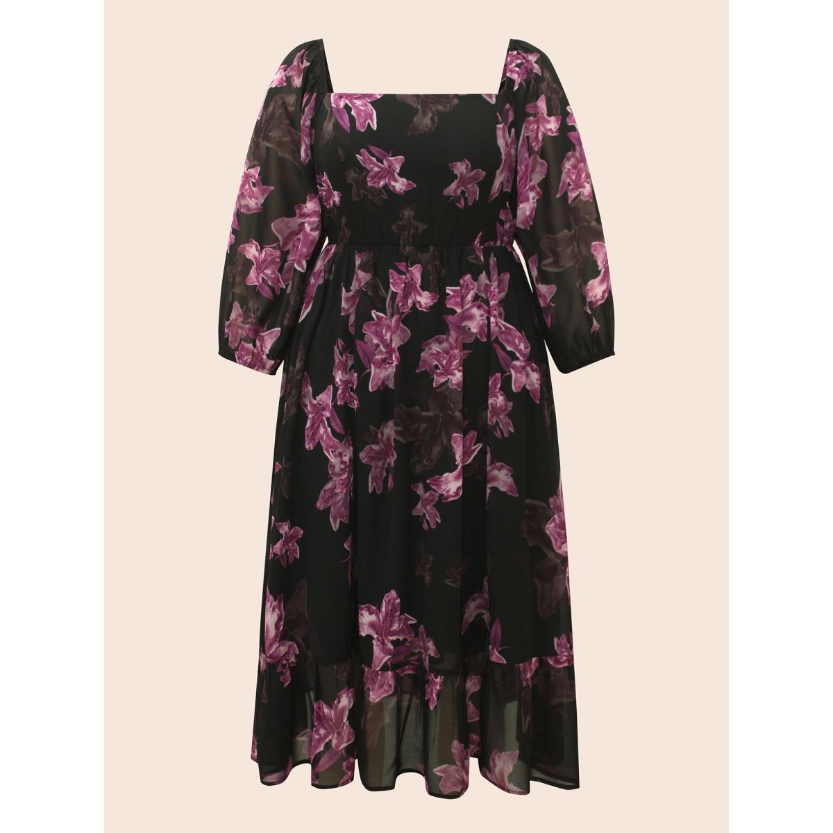 Plus Size Floral Patchwork Ruffle Hem Mesh Dress BlackFlower Women Elegant See through Square Neck Elbow-length sleeve Curvy BloomChic 12/L Product Image