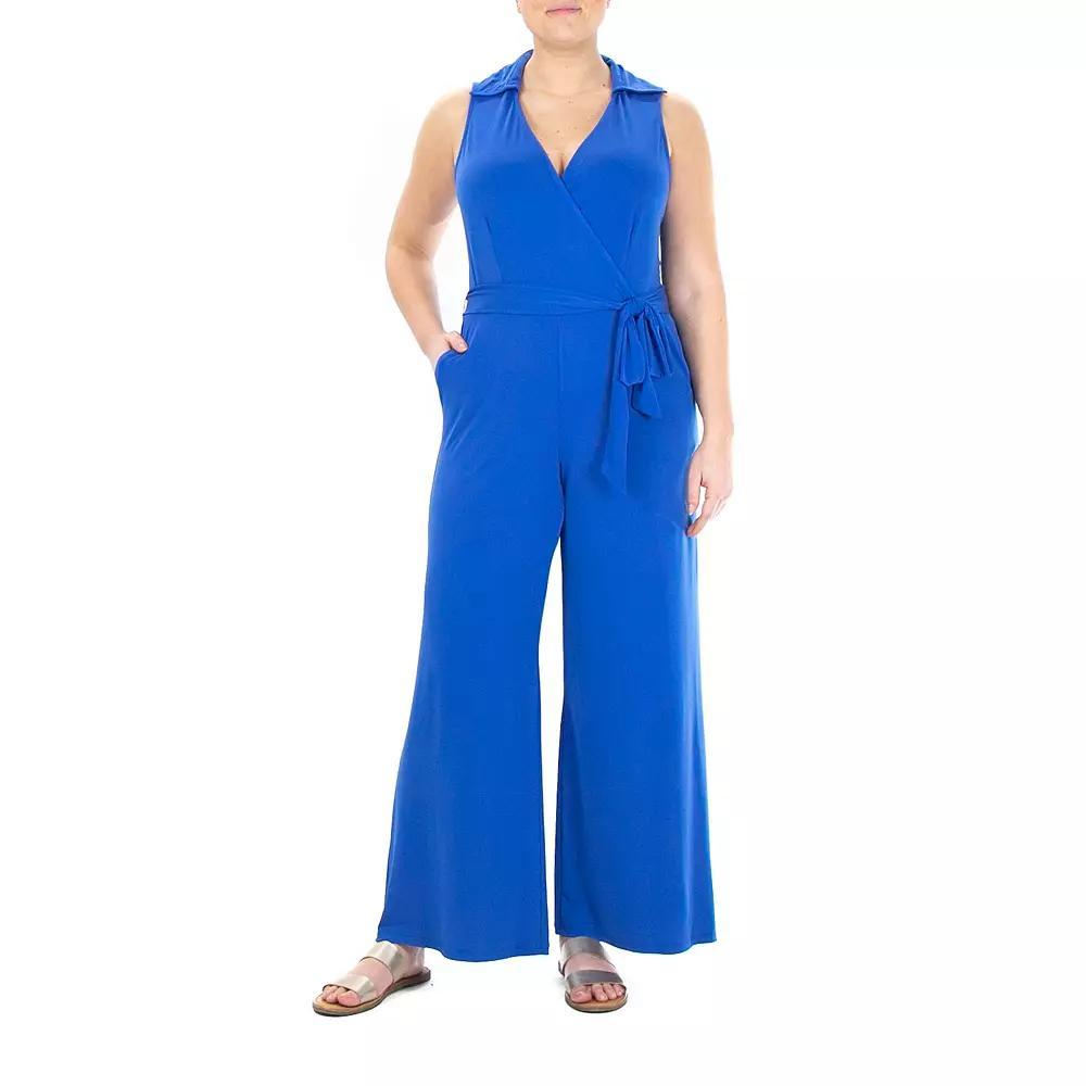 Women's Nina Leonard Collared Sleeveless Surplice Wide-Leg Jumpsuit, Size: Small, Blue Product Image