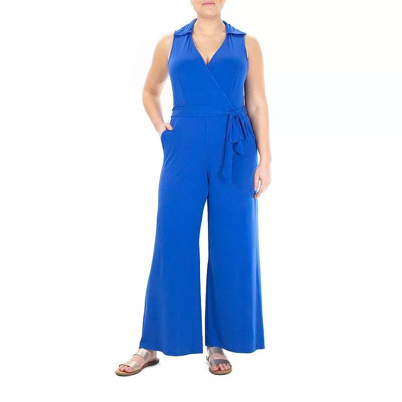 Women's Nina Leonard Collared Sleeveless Surplice Wide-Leg Jumpsuit, Size: Small, Blue Product Image