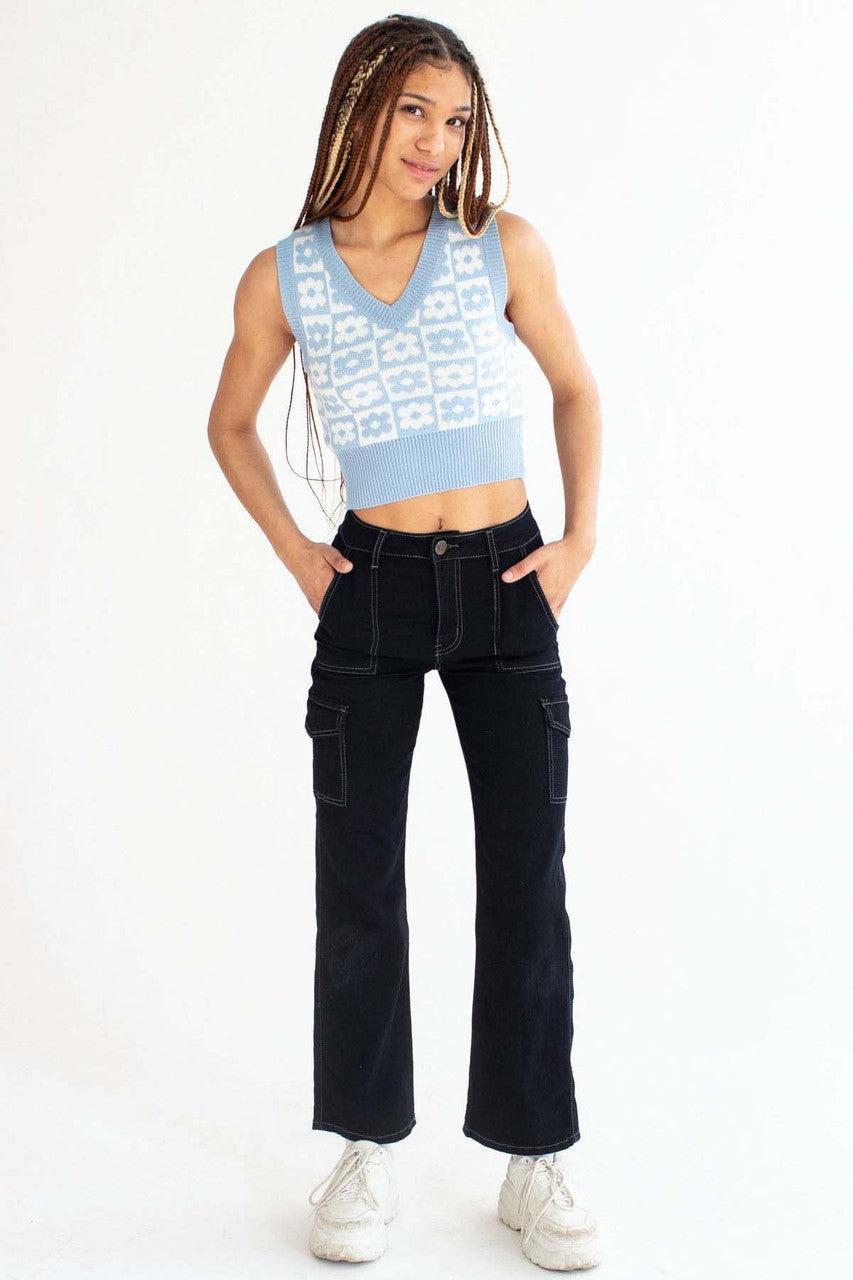 Powder Blue Floral Checkered Sweater Vest Product Image