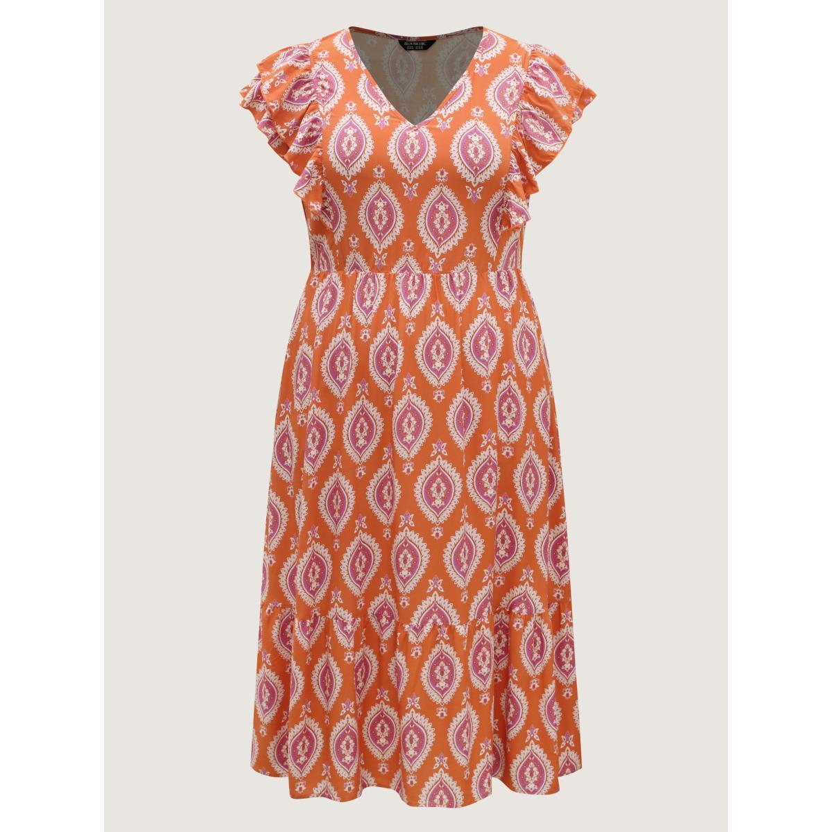 Plus Size Rayon Boho Print Pocket Midi Dress Coral Women V-neck Cap Sleeve Curvy BloomChic 18-20/2X Product Image