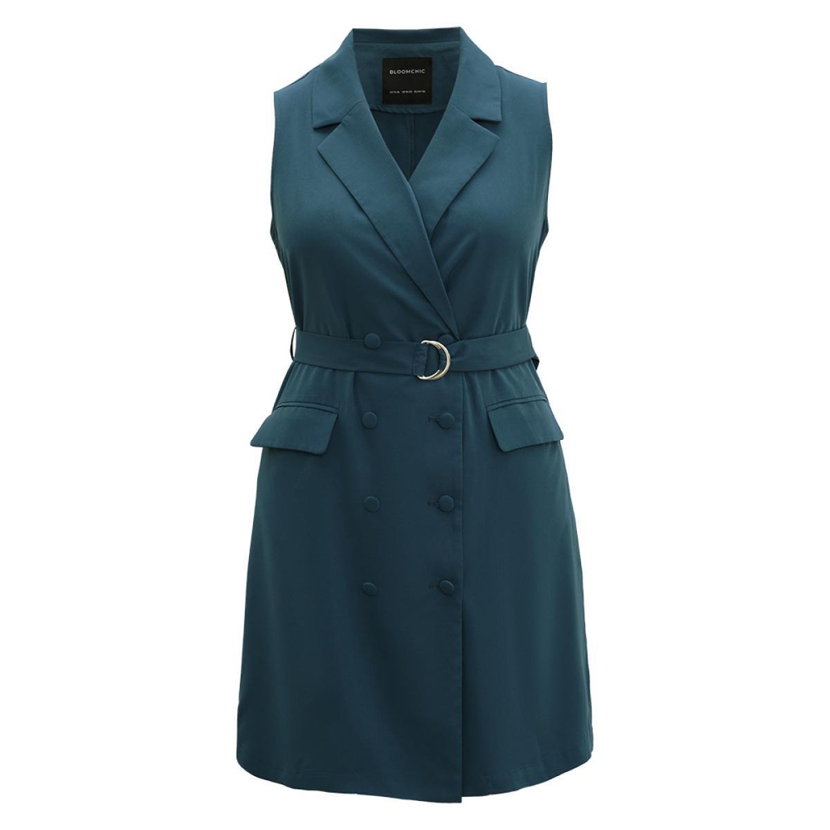 Plus Size Plain Belted Lapel Collar Sleeveless Blazer Aegean Women Work Plain Plain Sleeveless Sleeveless Lapel Collar 14-16/1X Pocket Belt Office Blazers BloomChic Product Image