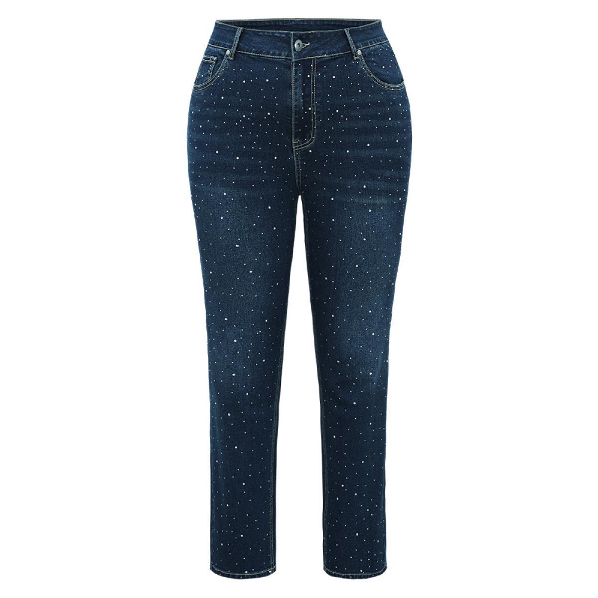 Plus Size Rhinestone Detail Dark Wash Straight Leg Jeans Women DarkBlue Casual Plain Rhinestone detailing High stretch Pocket Jeans BloomChic 26/4X Product Image