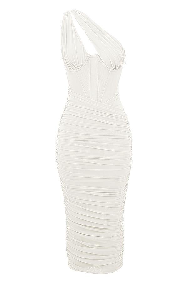 Valentina Ivory Asymmetric Cutout Midi Dress Product Image