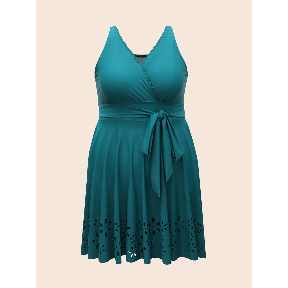 Plus Size Surplice Neck Belted Laser Cut Swim Dress Women's Swimwear Teal Beach Bodycon Overlap Collar High stretch Curve Swim Dresses BloomChic 14-16/1X Product Image