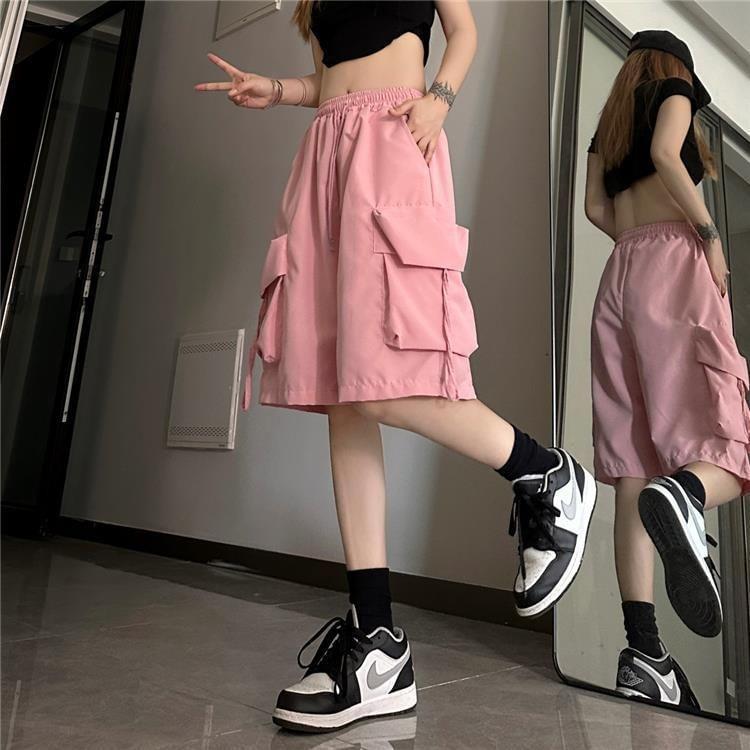 High Waist Plain Wide Leg Cargo Shorts Product Image