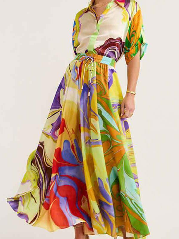 Loose Asymmetric Printed Lapel Blouse + A-Line Drawstring Elasticity Skirt Two Pieces Set Product Image