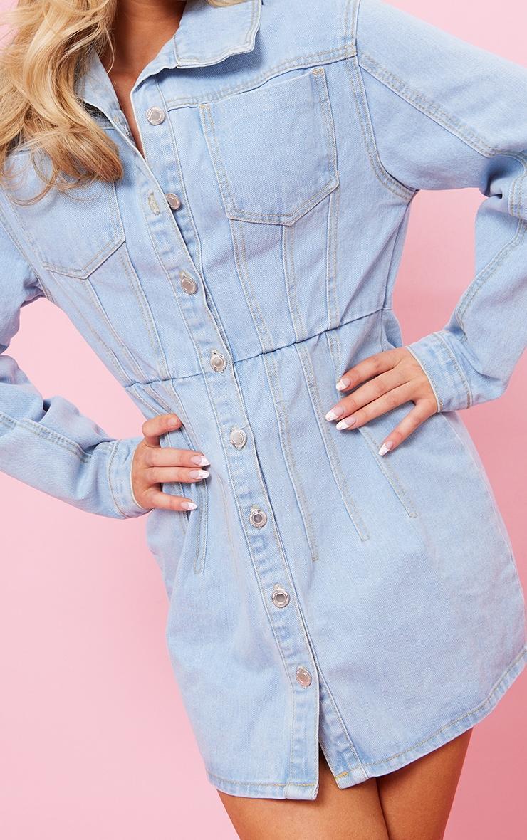  Light Blue Wash Seam Detail Cinched Waist Denim Dress Product Image