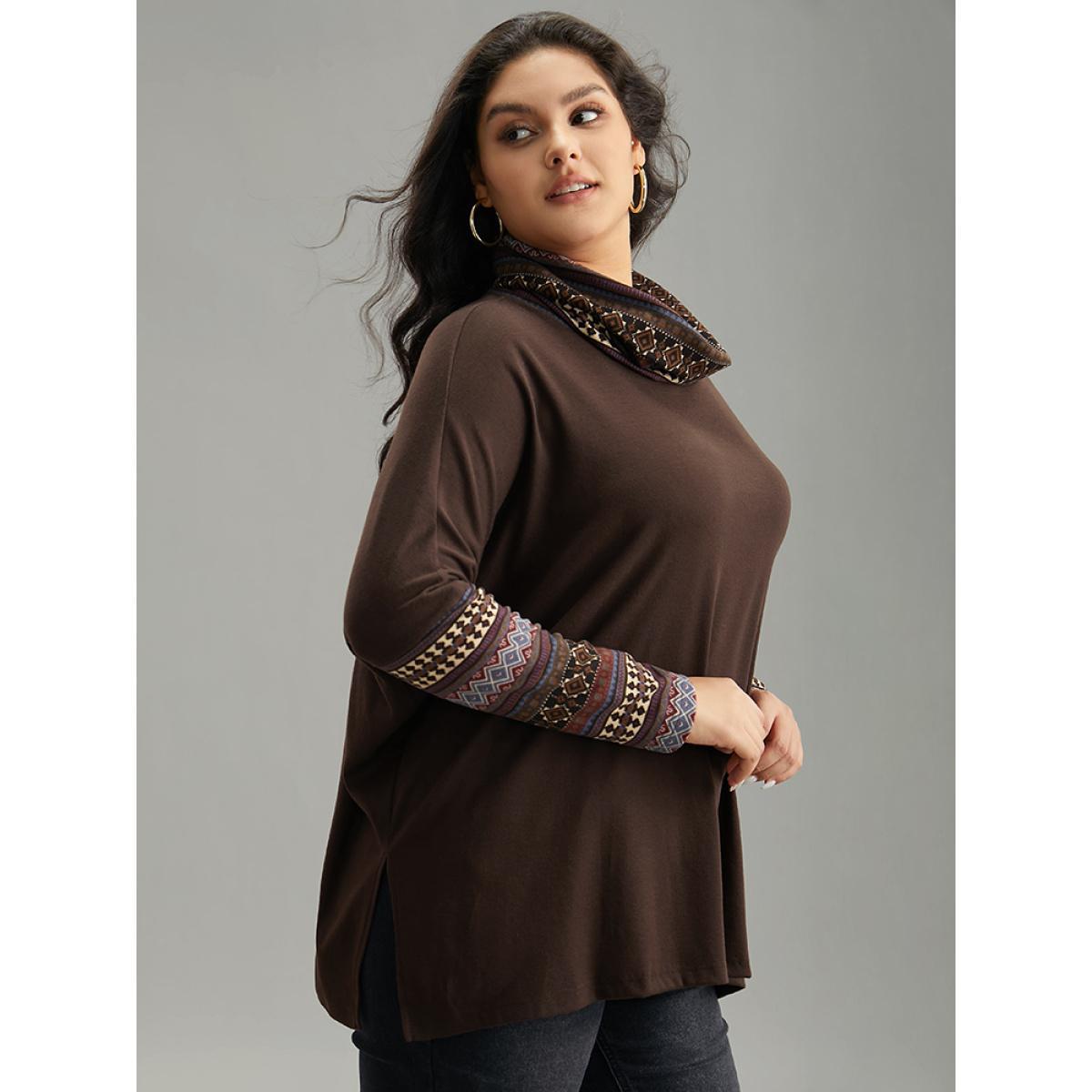 Plus Size Bandana Print Patchwork Turtle Neck T-shirt DarkBrown Women Casual Printed Bohemian Print Turtleneck Dailywear T-shirts BloomChic 12/L Product Image
