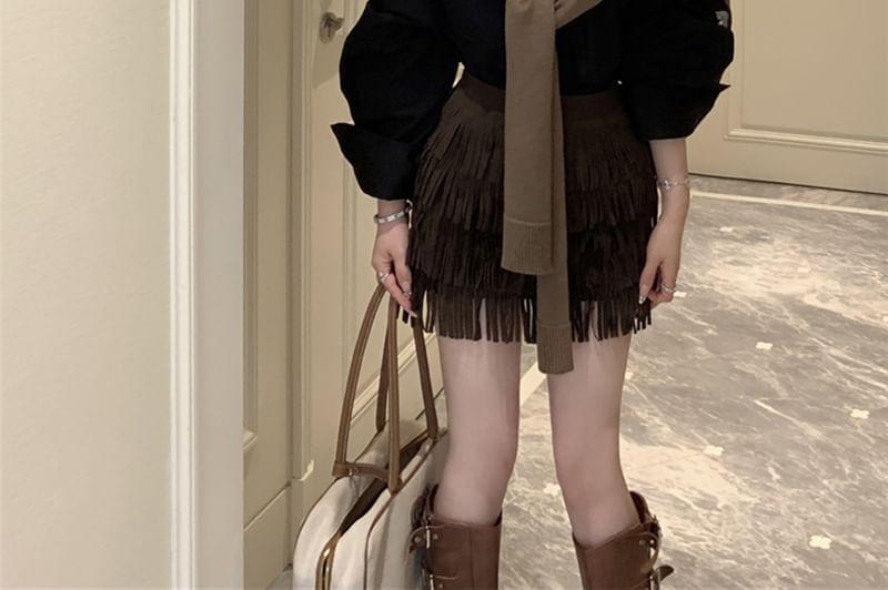 Overfit Plain Shirt / Faux-Suede Fringed Mini Skirt / Knit Shawl Product Image