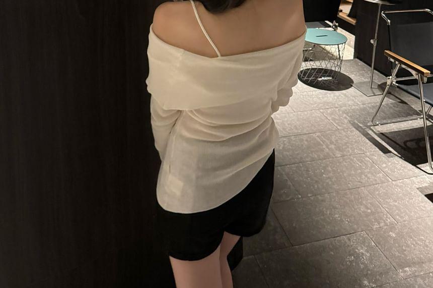 Long-Sleeve Off-Shoulder Plain Butterfly Accent Knit Top Product Image