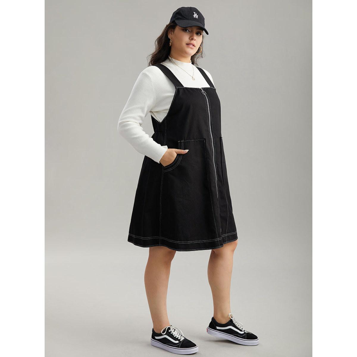 Plus Size Twill O Ring Zipper Pocket Spaghetti Strap Dress Black Women Casual Plain Spaghetti Strap Sleeveless Curvy Midi Dress BloomChic 28/5X Product Image