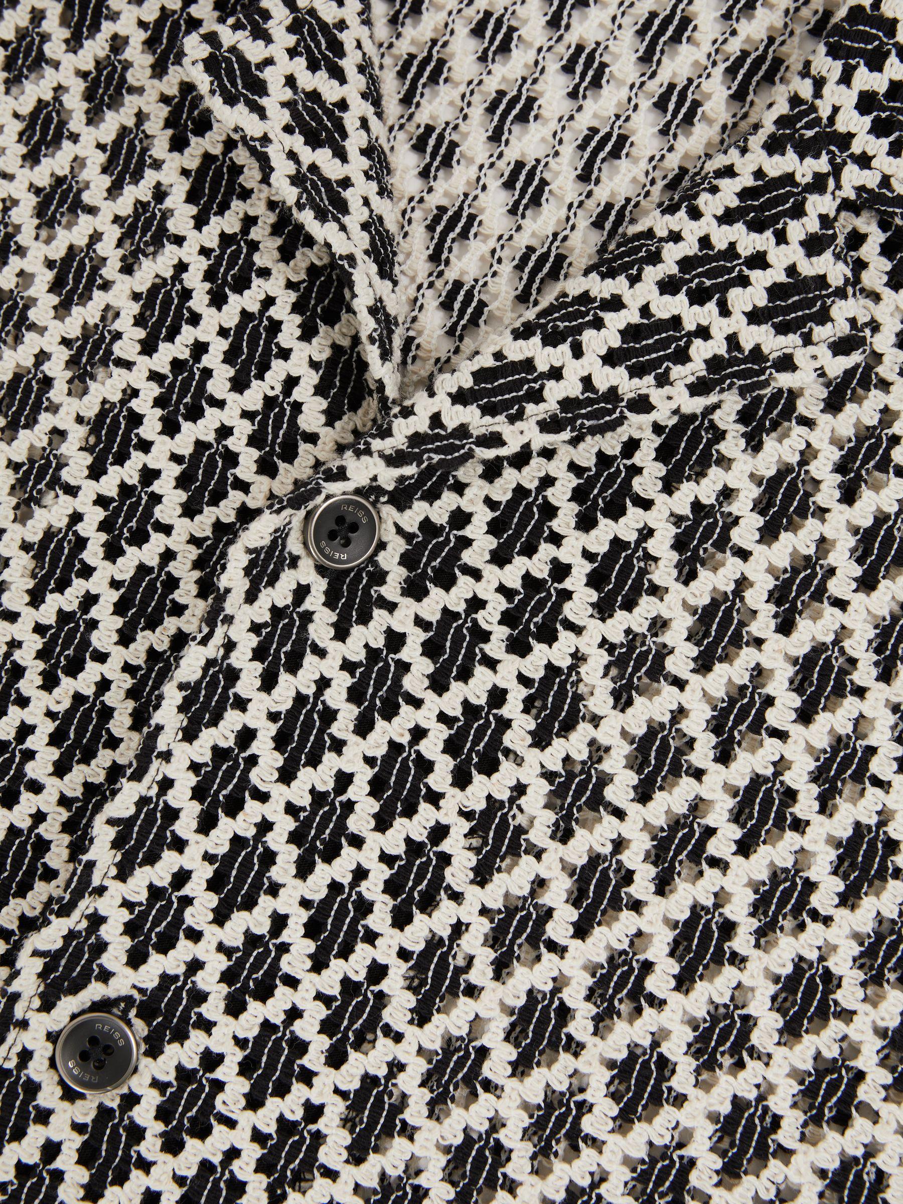 Geometric-Crochet Cuban-Collar Shirt in Navy/White Product Image