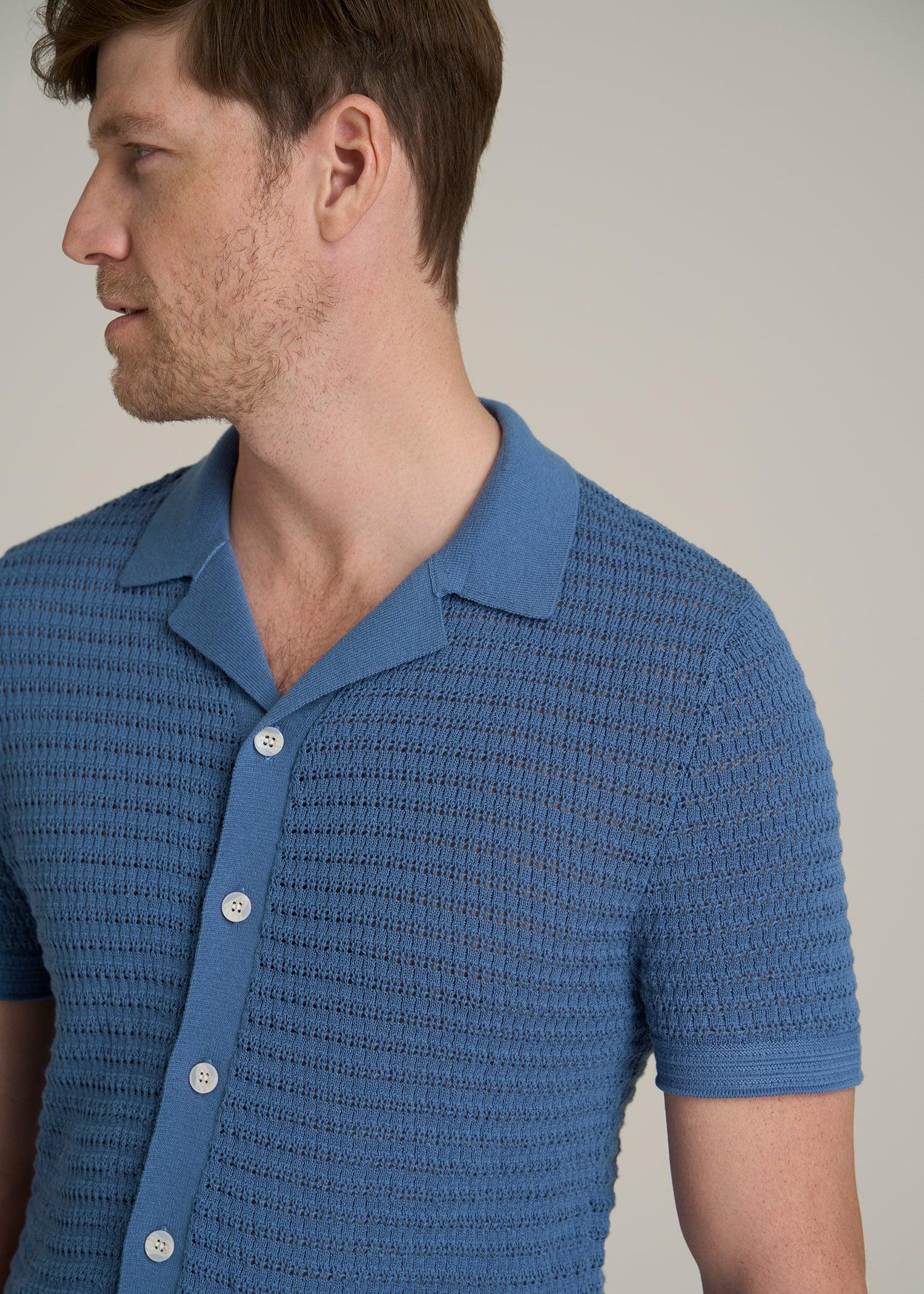 Short Sleeve Crochet Polo Cardigan for Tall Men in Deep Cobalt Product Image