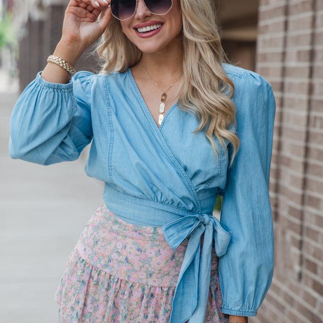 Per Diem Light Wash Chambray Wrap Blouse SALE Product Image