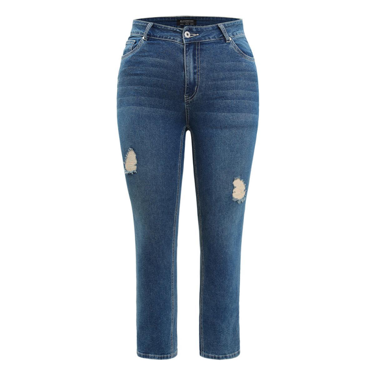 Plus Size Straight Leg Very Stretchy High Rise Medium Wash Jeans Women Indigo Casual Plain Distressed High stretch Pocket Jeans BloomChic 12/L Product Image