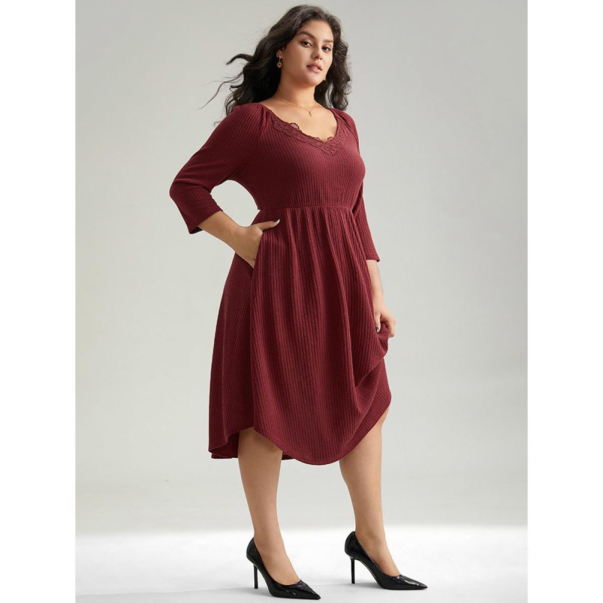 Plus Size Solid Rib Knit Lace Insert Dress Burgundy Women Elegant Rib Knit V-neck Long Sleeve Curvy Midi Dress BloomChic 10/M Product Image