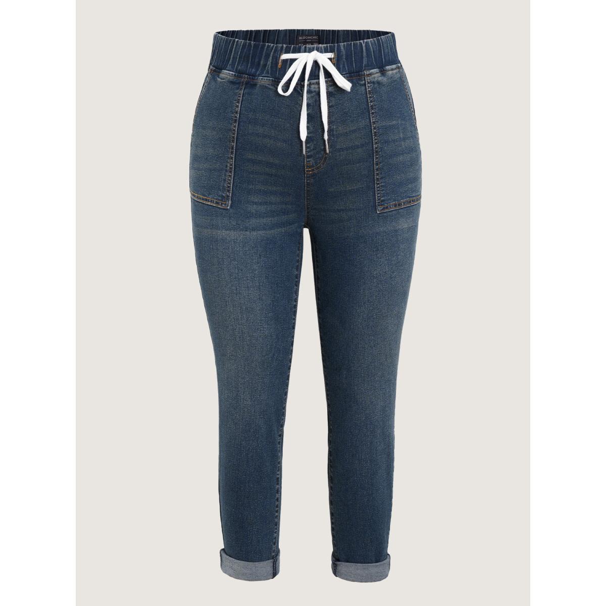Plus Size Drawstring Elastic Waist Roll Hem Jeans Women DarkBlue Casual Plain Drawstring High stretch Slanted pocket Jeans BloomChic 26/4X Product Image