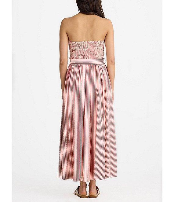 Brave + True Avalon Gathered Shirred Strapless Sleeveless Striped Seersucker Belted Maxi Dress Product Image