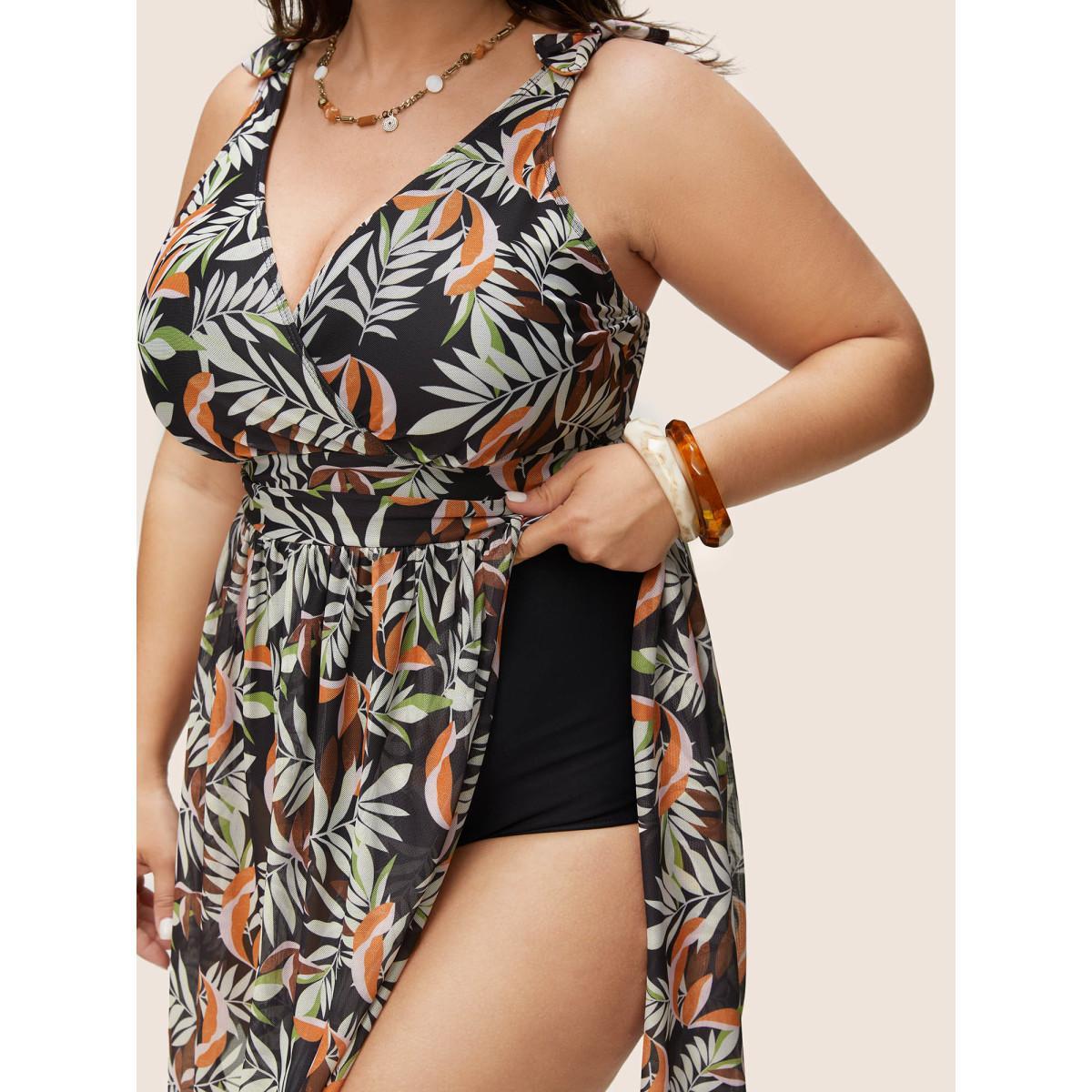 Plus Size Tropical Print Gathered Split Hem Swim Dress Women's Swimwear Black Beach Bodycon V-neck High stretch Curve Swim Dresses BloomChic 26/4X Product Image