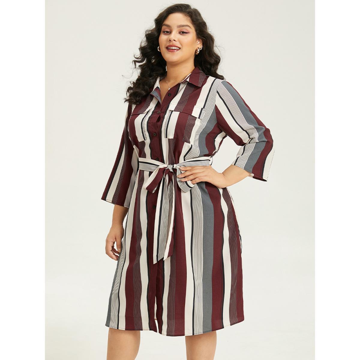 Plus Size Striped Contrast Pocket Button Through Belted Shirt Collar Dress Multicolor Women Work From Home Belted Shirt collar Elbow-length sleeve Curvy Midi Dress BloomChic 26/4X Product Image
