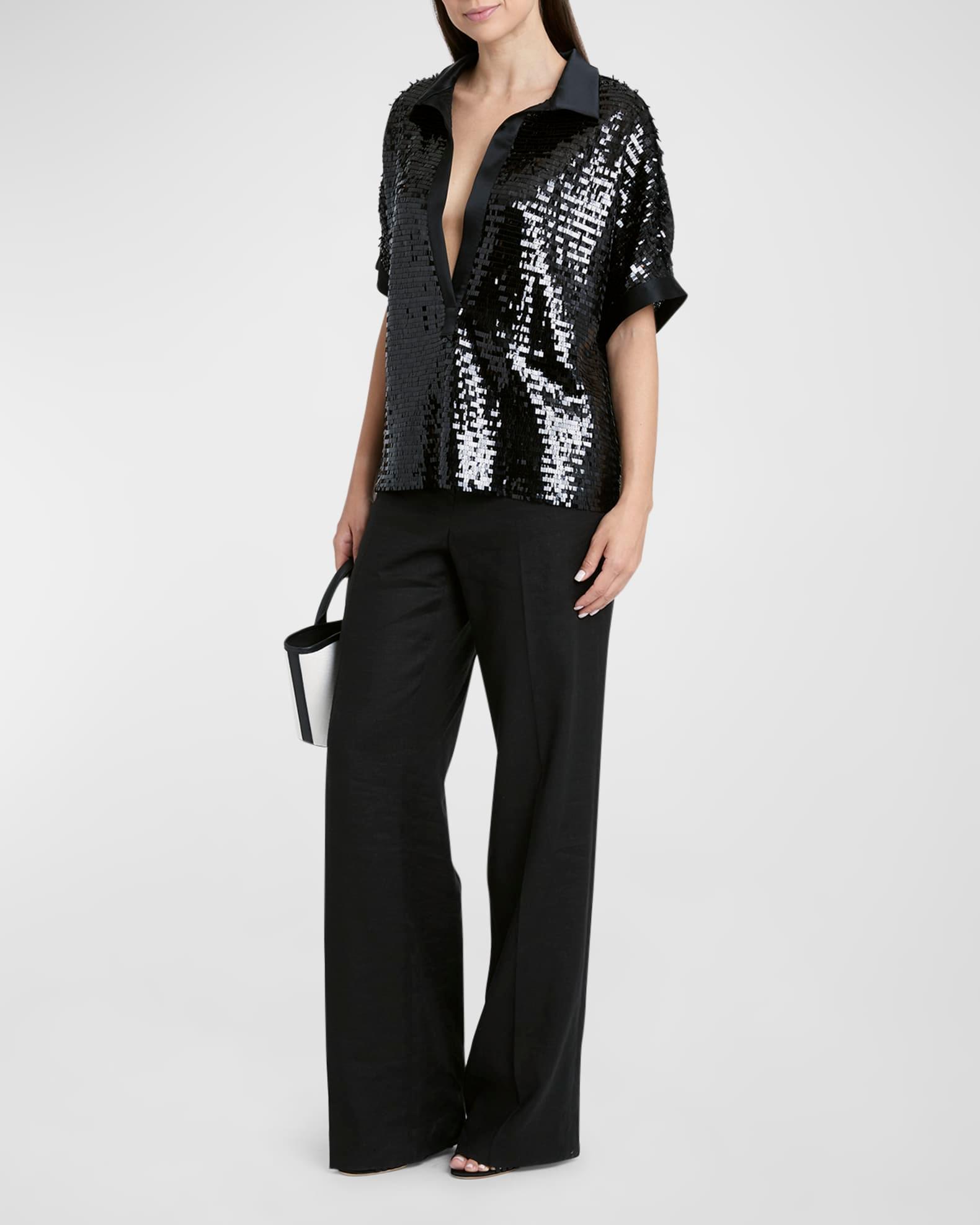 Sequin Open-Collar Satin-Trim Short-Sleeve Top Product Image