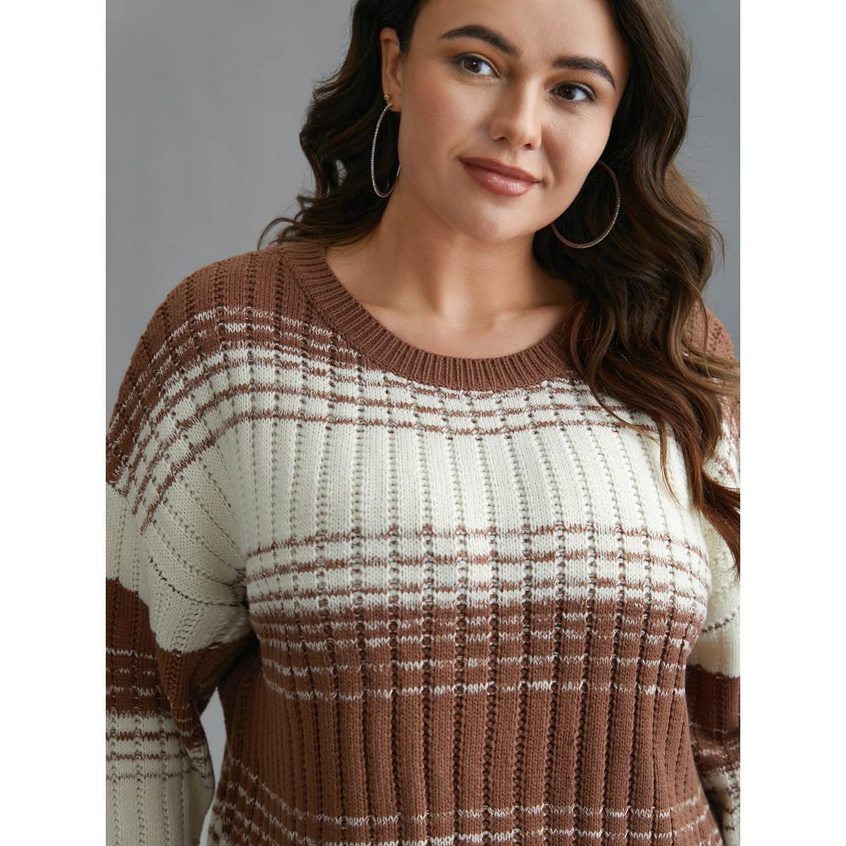 Plus Size Contrast Textured Crew Neck Pullover Browncoffeecolor Women Casual Loose Long Sleeve Round Neck Everyday Pullovers BloomChic 12/L Product Image