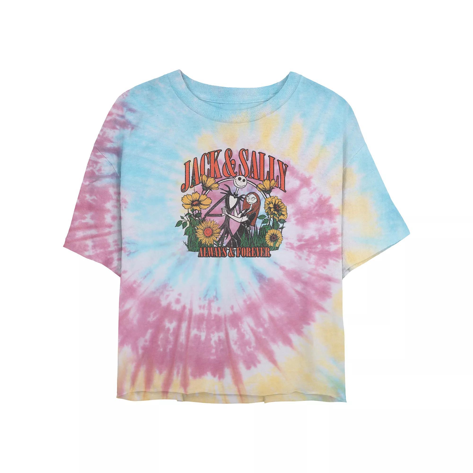 Disney's The Nightmare Before Christmas Jack And Sally Always And Forever Crop Top Tie Dye Juniors' Graphic Tee, Women's, Size: Large, Blue Pink Light Yellow Product Image