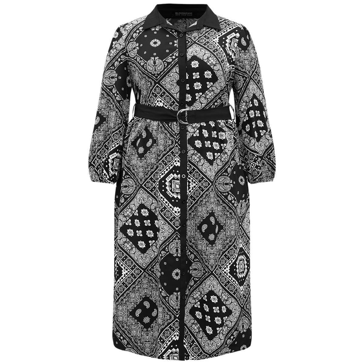 Plus Size Moroccan Print Shirt Collar Belted Button Through Dress Black Women Office Elastic cuffs Shirt collar Long Sleeve Curvy Midi Dress BloomChic 22-24/3X Product Image