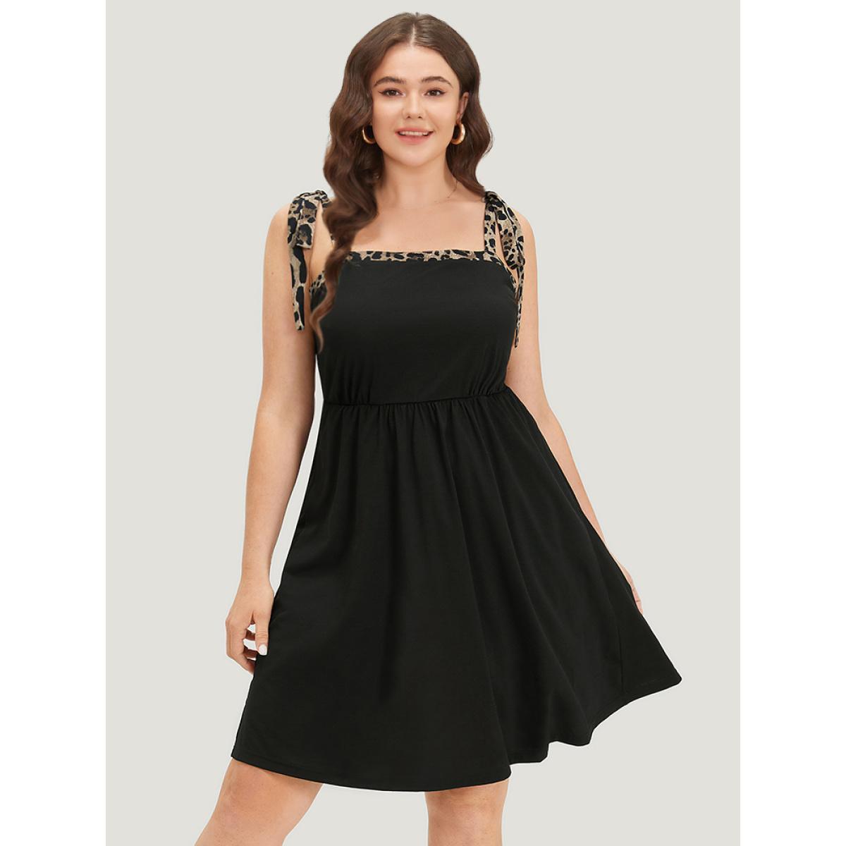 Plus Size Supersoft Essentials Leopard Patchwork Elastic Waist Pocket Cami Dress Black Women Casual Adjustable Straps Spaghetti Strap Sleeveless Curvy Knee Dress BloomChic 12/L Product Image