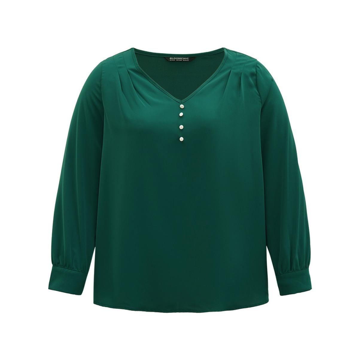 Plus Size DarkGreen Static-Free Button Detail Pleated Blouse Women Office Long Sleeve V-neck Work Blouses BloomChic 30/6X Product Image