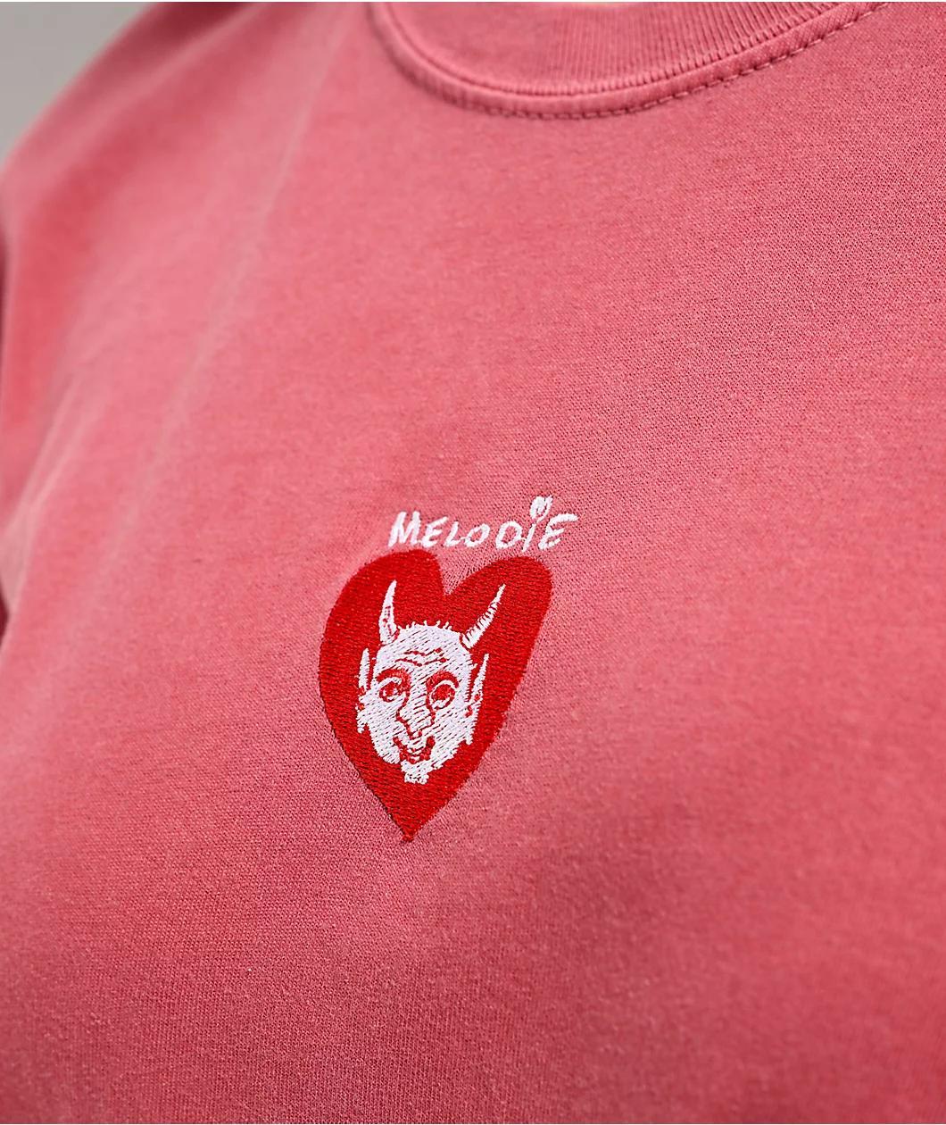 Melodie Cold Hearted Embroidered Boxy Red T-Shirt Product Image