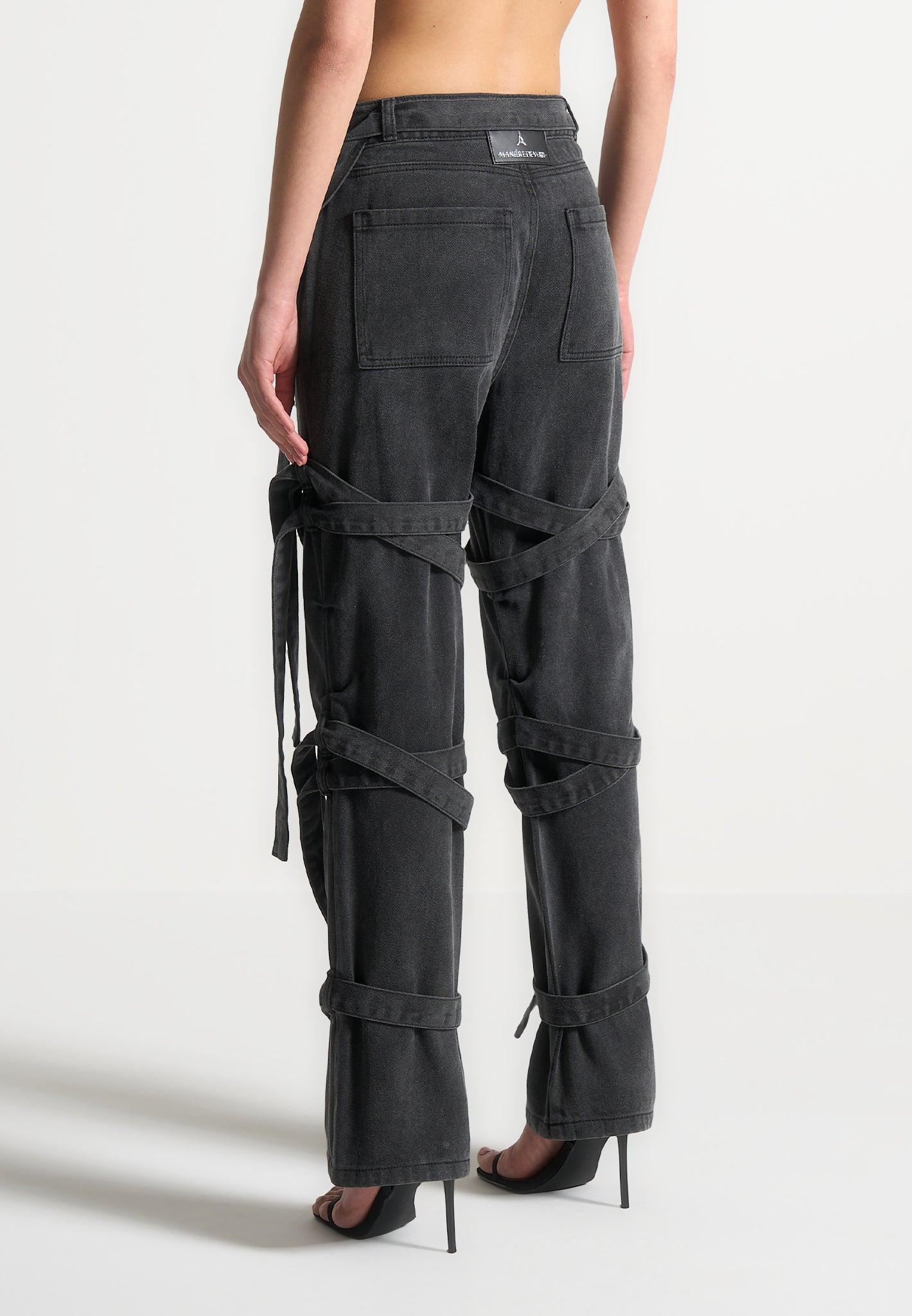 Denim Strap Cargo Jeans - Washed Black Female Product Image