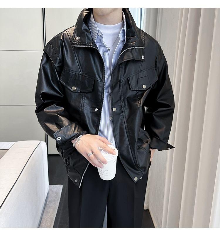 Stand Collar Plain Panel Faux Leather Zip Jacket Product Image